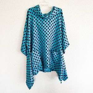 Made in Italy 100% Linen Blue Polka Dot Hooded Poncho Sheath Tunic Dress